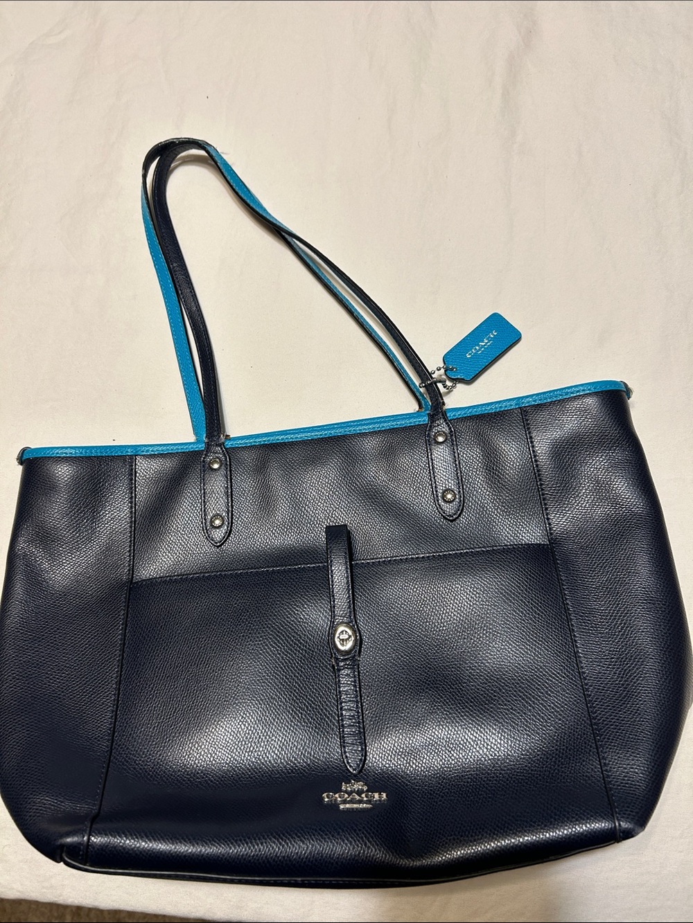 Coach Navy Tote with Turquoise Trim and Tag